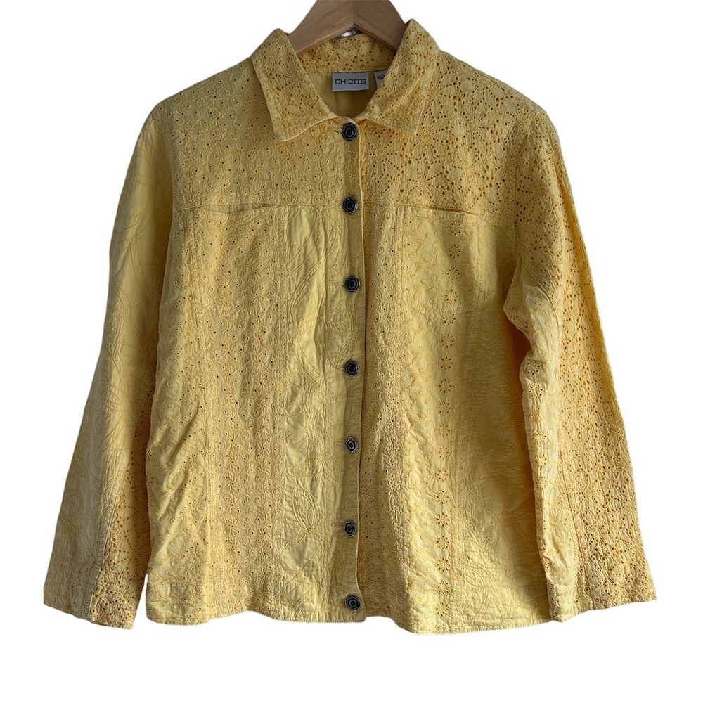 Chico’s Woman’s Size 1 Medium 100% Cotton Yellow‎ Daisy Eyelet Jacket